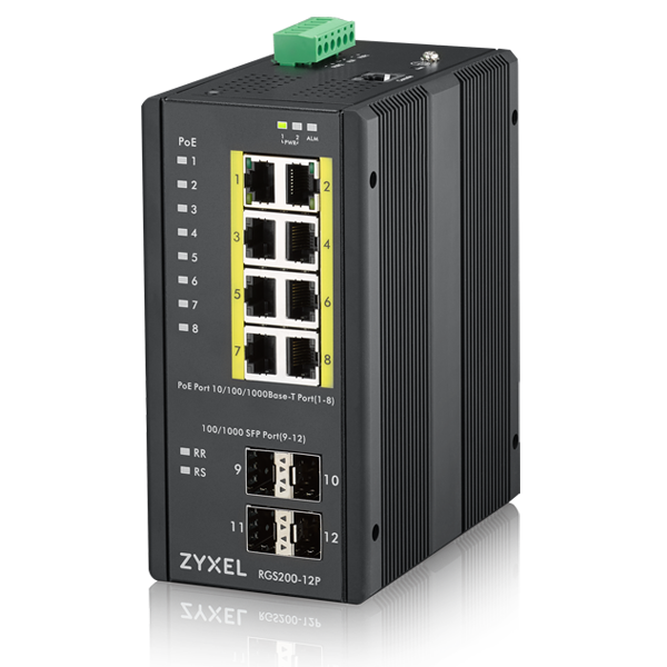 12 Port managed PoE Switch, 240 Watt PoE, DIN Rail, IP30, 12-58V DC