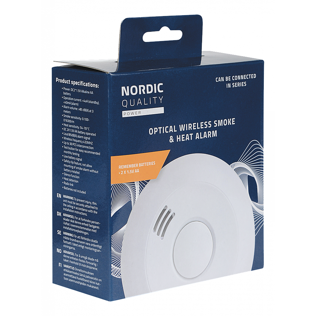 Nordic Quality optical smoke and heat alarm, connectable, 1 pcs.
