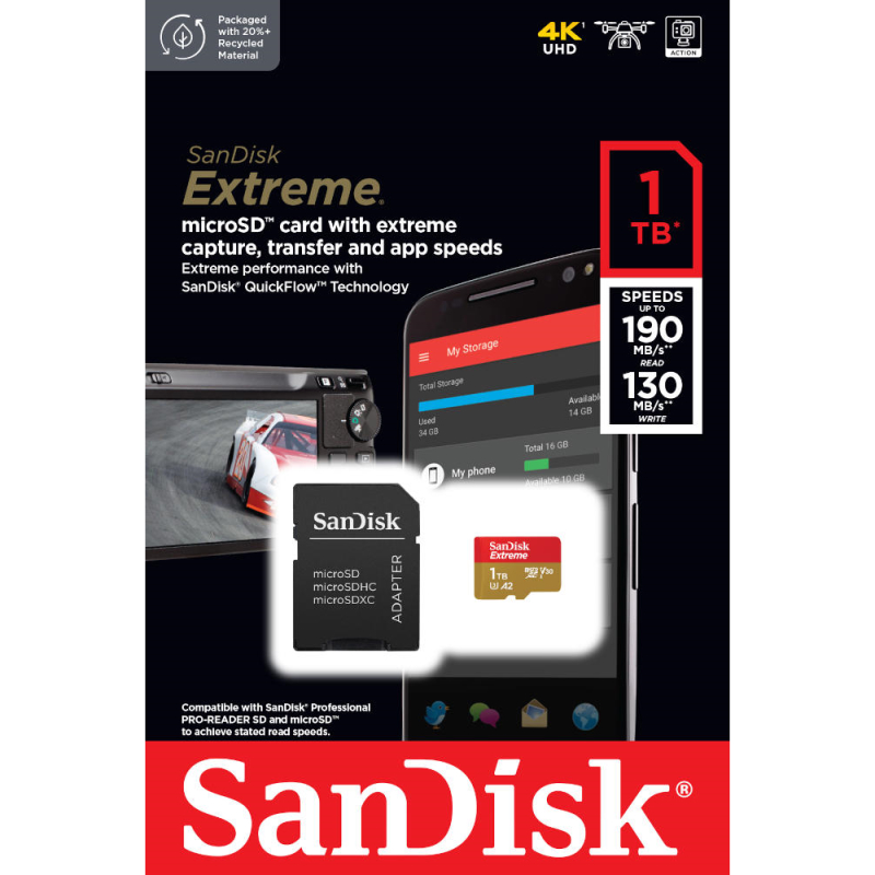 SanDisk 1TB Extreme microSDXC UHS-I memory card with adapter, C10, U3, V30, 4K, 5K, A2, micro SD card