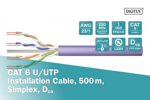 Digitus Installation cable Cat6 U/UTP Dca solid wire AWG 23/1 LSOH 500m violet reel