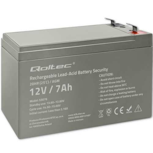 Qoltec AGM battery 12V 7Ah maintenance-free, efficient, LongLife, for UPS, security