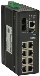 Barox Ethernet Ring Switch managed 8x10/100/1000TX 2 x SFP 100/1000, 12-48VDC, DIN rail Redundant managed system with SNMP Extended operating temperature -40 to 75°C No SFP, no power supply included