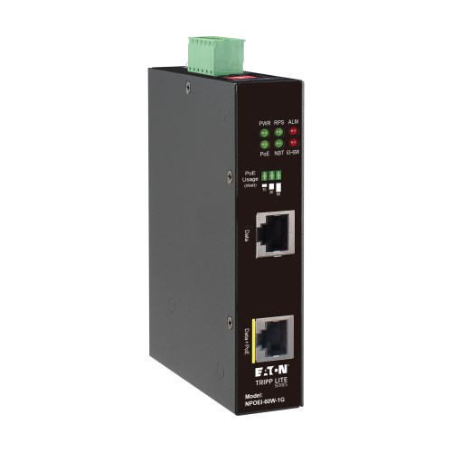 Eaton Industrial Gigabit Ethernet PoE injector, 60W PoE++, 802.3bt, midspan, -40℃ to +75℃, IP30 housing, dual 24-57VDC , DIN rail, 1 port