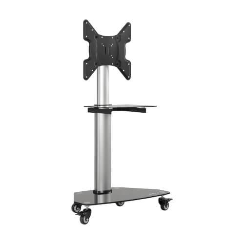 Eaton premier rolling TV cart for 32” to 55” displays, frosted glass base and shelf, locking casters, white