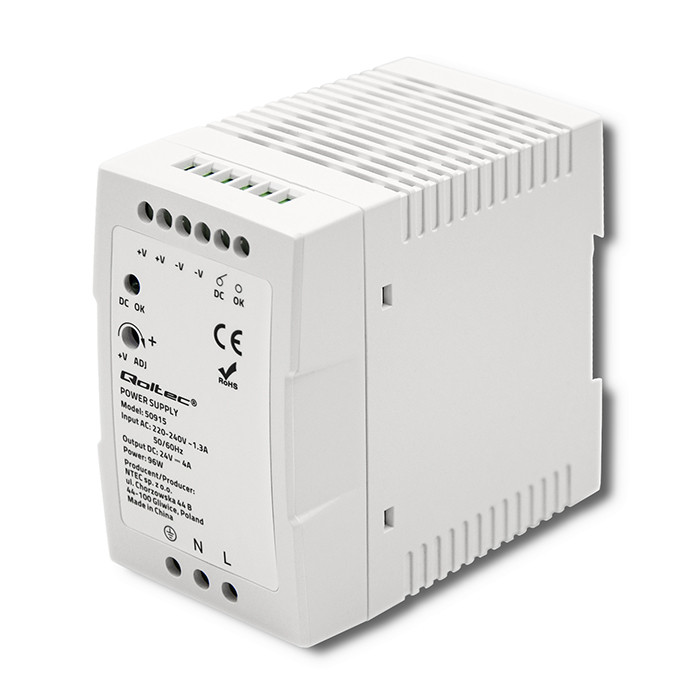 Qoltec DIN rail power supply, 24V, 4A, 96W, white, slim