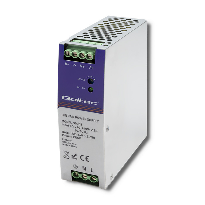 Qoltec DIN rail power supply, 24V, 6.25A, 150W, industrial