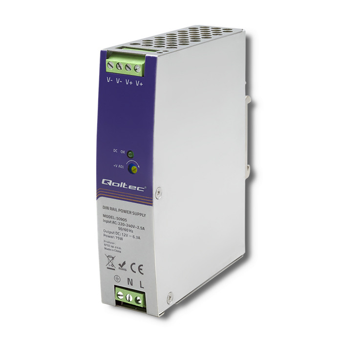Qoltec DIN rail power supply, 12V, 6.3A, 75W, industrial
