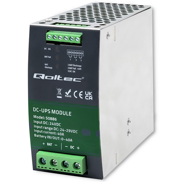 Qoltec DIN rail DC UPS module, 24V, 40A