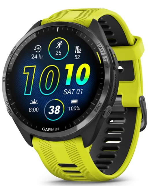 Garmin Forerunner® 965 carbon grey DLC titanium bezel with black case and Amp yellow/black silicone band