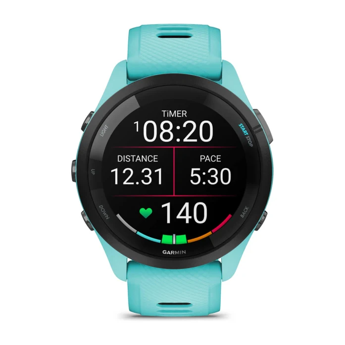 Garmin Forerunner® 265 black bezel with aqua case and aqua/black silicone band