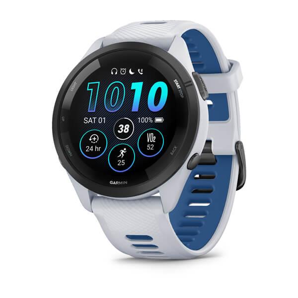 Garmin Forerunner® 265 black bezel with whitestone case and whitestone/tidal blue silicone band