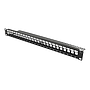 19" 1U patch panel, 24 ports, without connectors, cable support, metal, black